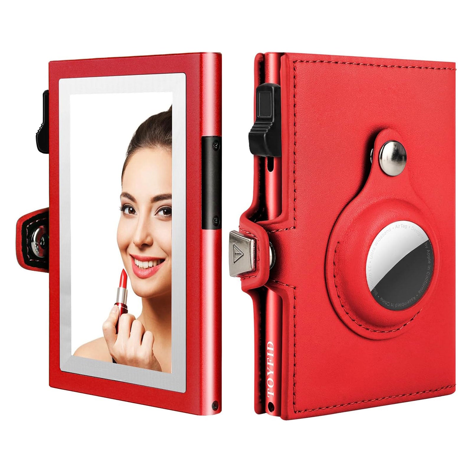 women wallet for airtag, small pretty wallet with mirror for women,pop up wallet compatible with airtag, tri fold genuine leather wallet women with mirror