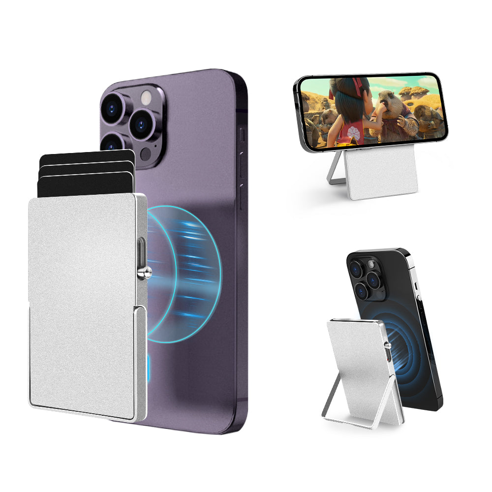 rfid blocking wallet minimalist slim card holder for magsafe with adjustable stand, metal pop up magnetic wallet for men toyfid